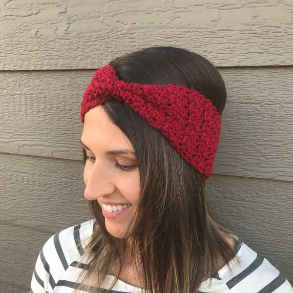 Burgundy Cinched Crochet Winter Headband / Crochet Winter Earwarmer / Gift for her / Crochet headband / Head Wrap / Stocking Stuffer /