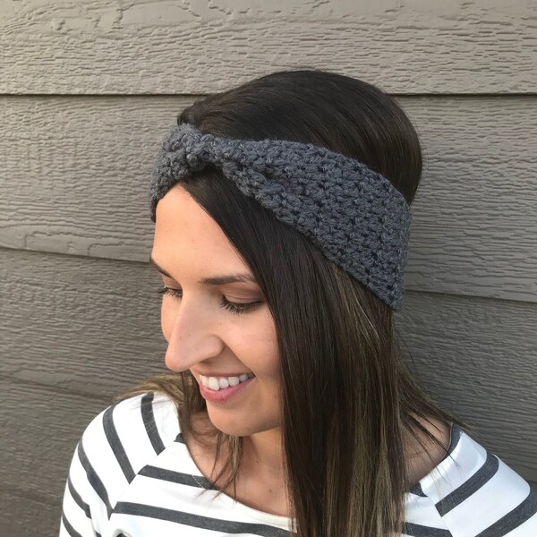 Charcoal Cinched Crochet Winter Headband / Crocheted Winter Earwarmer / Gift for her / Crochet headband / Head Wrap / Stocking Stuffer /