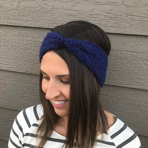 Navy Cinched Crochet Winter Headband / Crochet Winter Earwarmer / Gift for her / Crochet headband / Head Wrap / Stocking Stuffer /