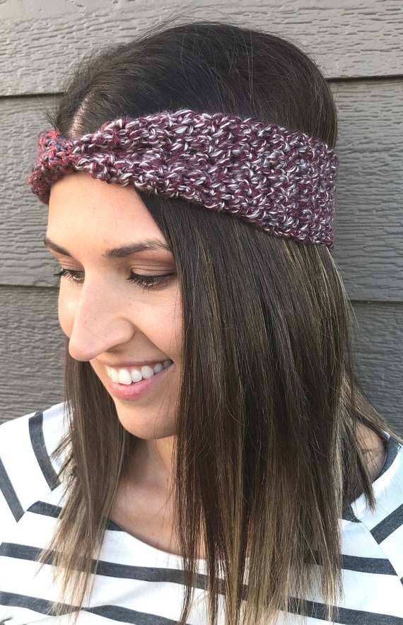 Red-blue-grey Marble Cinched Crochet Winter Headband Winter