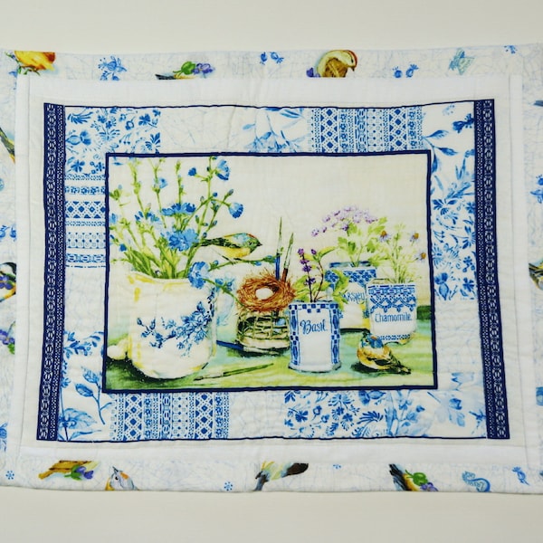 Blue Garden Birds China Placemat Cotton Quilting Fabric Panel Red Rooster-Bezug Table placemats"flow blue garden (11)
