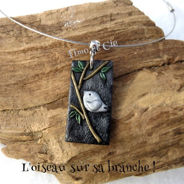 collier pendentif fantaisie fimo "l'oiseau sur sa branche"