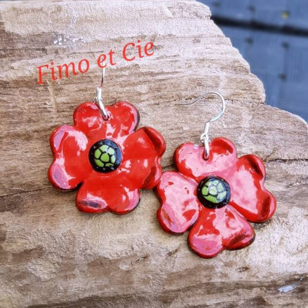 Boucles d'oreilles fantaisie,  Les Coquelicots, fimo et poudre d'émaillage