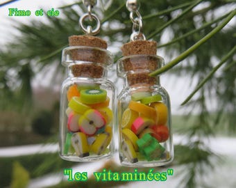 boucles d'oreille fantaisie, fioles et fimo  "les vitaminées"