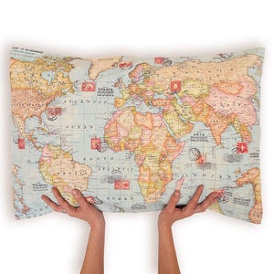 WORLD MAP pillow Travel gift for him, Throw Map Pillow for colorful decor, whole world map gift for boyfriend, geography lovers gift image 1
