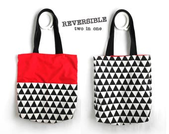 Canvas tote bag,  geometric red canvas bag, beach bag, market bag, reusable grocery bag, shoulder weekender bag shopper bag gym bag book bag