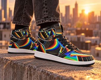 Synthwave High-Top Sneakers, Rainbow Prism Geometric Streetwear Shoes, Black High Tops White Midsole, Unisex Festival Fashion
