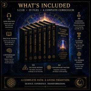 May include: A graphic featuring a collection of dark-covered books with gold lettering. Titles include "Scientific Foundations," "Classical School," and "The Monroe Method." The image also includes text about audio practices, practical training, and contemporary masters.