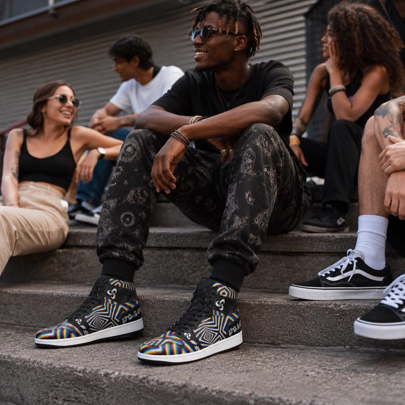 Chromadelic Psychedelic Rainbow High-Top Streetwear Shoes | Festival Sneakers | Unisex Statement Footwear image 7
