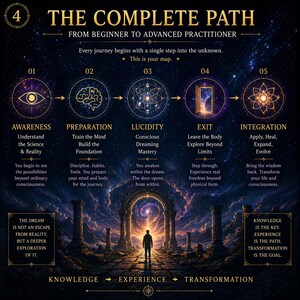 May include: An illustrated guide titled "The Complete Path" from beginner to advanced practitioner. The image features a cosmic background with steps labeled Awareness, Preparation, Lucidity, Exit, and Integration.