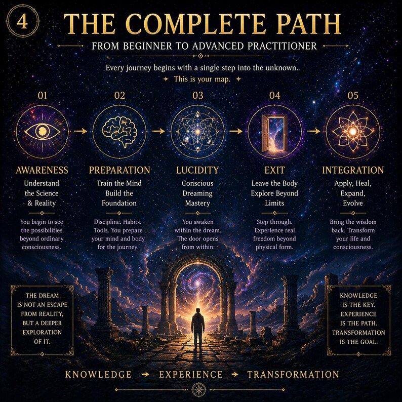 May include: An illustrated guide titled "The Complete Path" from beginner to advanced practitioner. The image features a cosmic background with steps labeled Awareness, Preparation, Lucidity, Exit, and Integration.