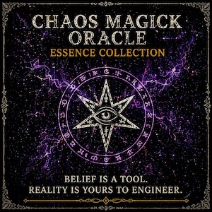 Może przedstawiać: Kwadratowa grafika z kosmicznym tłem, z tekstem "CHAOS MAGICK ORACLE ESSENCE COLLECTION". Centralny symbol w kształcie gwiazdy z okiem otoczony jest okrągłym wzorem. Tekst "BELIEF IS A TOOL. REALITY IS YOURS TO ENGINEER." znajduje się na dole.