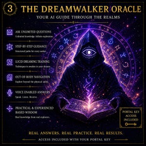 May include: An illustrated advertisement for "The Dreamwalker Oracle" featuring a robed figure with an all-seeing eye, holding an open book. The image has a dark purple and blue color scheme with text describing the oracle's features, including "Ask Unlimited Questions" and "Lucid Dreaming Training."