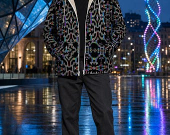 May include: A black zip-up hoodie featuring a repeating geometric pattern in vibrant neon colours, including blue, red, and yellow. The jacket has a white front zip, a white drawstring, and a cream-coloured sherpa fleece lining visible at the hood.