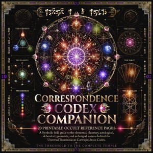 May include: A digital print titled "Correspondence Codex Companion" with a dark background and gold accents. The design features a central zodiac wheel, tarot cards, and diagrams of the elements, planets, chakras, and Kabbalah. Text includes "20 Printable Occult Reference Pages."