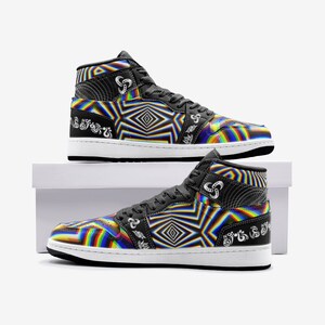 May include: A pair of black high-top trainers with a colourful psychedelic pattern. The trainers have a white sole and a black swoosh logo on the side.