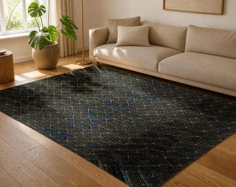 Hexaplex Area Rug, Iridescent Holographic Geometric Rug, Black & Rainbow Cubist Meditation Rug, Optical Illusion Living Room Rug