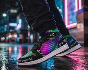 Twisted Unisex High-Top Sneakers – Psychedelic Rainbow Streetwear Shoes, Colorful Festival Sneakers, Alternative Rave Fashion