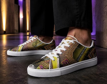 Dark Manipura Low-Top Sneakers, Black Gold Sacred Geometry Shoes, Unisex Festival Streetwear