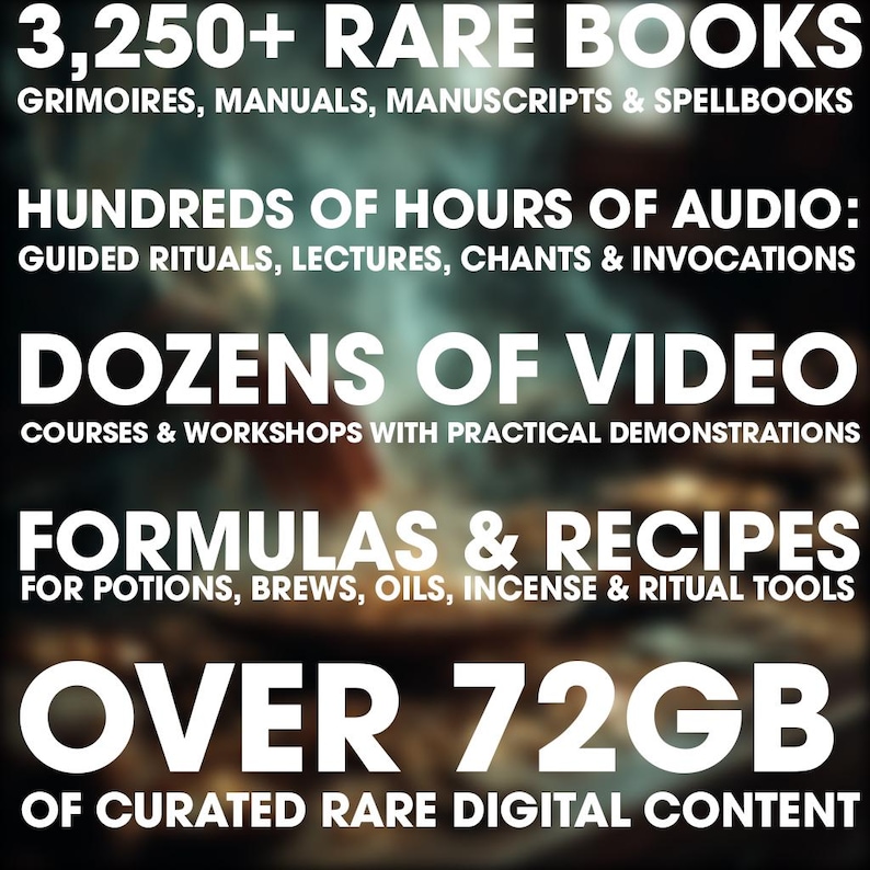 May include: A digital content advertisement with white text on a dark background. The text includes "3,250+ RARE BOOKS," "HUNDREDS OF HOURS OF AUDIO," "DOZENS OF VIDEO," "FORMULAS & RECIPES," and "OVER 72GB." The content is curated and rare.