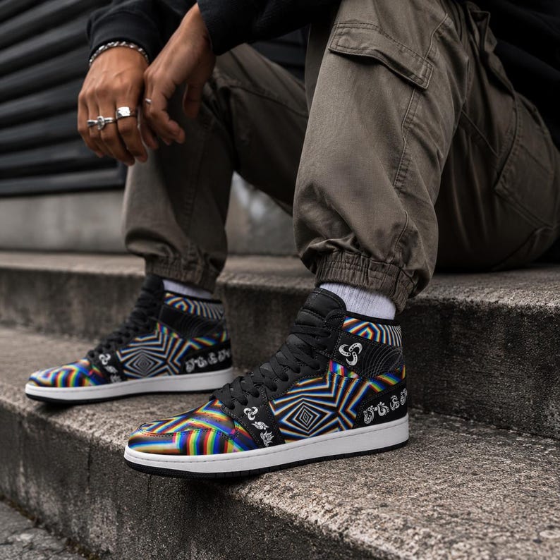 Chromadelic Psychedelic Rainbow High-Top Streetwear Shoes | Festival Sneakers | Unisex Statement Footwear image 6