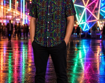 Prismatic Overlay Button Down Shirt, Psychedelic Mens Festival Shirt, Neon Sacred Geometry Rave Streetwear Top, Gift for Him