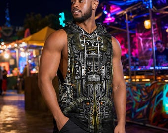 Herren-Kapuzenpullover mit tiefen Armausschnitten, ärmelloses Tanktop mit Kapuze, Cyberpunk-Festival-Kleidung, schwarzer Grafik-Sport-Kapuzenpullover, Blitzed Fashion