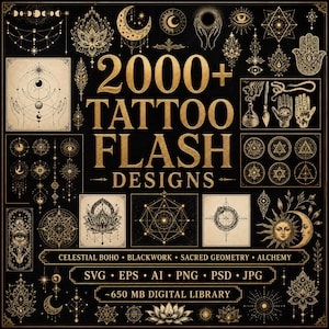 Könnte beinhalten: Eine digitale Sammlung von über 2000 Tattoo-Flash-Designs mit goldenen und schwarzen Illustrationen zu Himmelskörpern, heiliger Geometrie und Alchemie. Der Text lautet 2000+ TATTOO FLASH DESIGNS, CELESTIAL BOHO, BLACKWORK, SACRED GEOMETRY, ALCHEMY, SVG, EPS, AI, PNG, PSD, JPG, 650 MB DIGITAL LIBRARY.