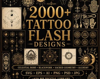2000+ Tattoo Flash Designs: Celestial, Blackwork, Sacred Geometry & Alchemy | SVG EPS AI