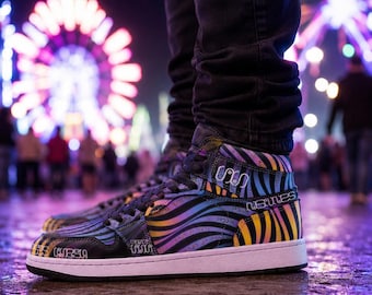 Xenowave Unisex High-Top Sneakers – Psychedelic Festival Shoes, Visionary Streetwear, Colorful Rave Fashion