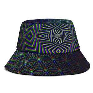 May include: A black bucket hat with a psychedelic pattern featuring green, blue, and red geometric shapes.