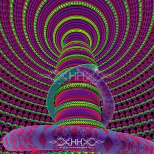 Op de afbeelding: Een psychedelische, abstracte afbeelding van een draaiende, veelkleurige tunnel met een roze en groen patroon. De tunnel is opgebouwd uit concentrische cirkels die spiraalsgewijs naar binnen draaien, waardoor een gevoel van diepte en beweging ontstaat.