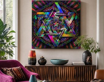 Hyperdimensionella harmoniska kanvastryck | Väggkonst med helig geometri | Visionärt kanvastryck | Psykedelisk heminredning