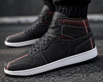 Geometrix Unisex High Top Sneakers, Black Red Geometric Shoes, Futuristic Streetwear, Festival Sneakers, Cyberpunk Alternative Footwear