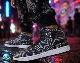 Chromadelic Psychedelic Rainbow High-Top Streetwear-Schuhe | Festival-Sneaker | Unisex Statement-Schuhe
