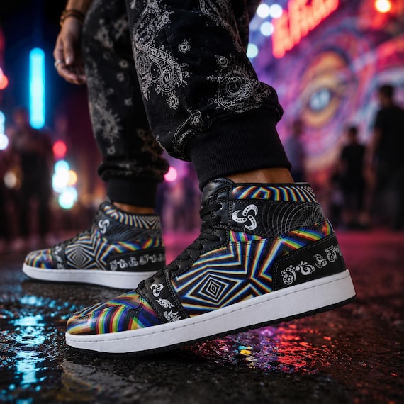 Chromadelic Psychedelic Rainbow High-Top Streetwear Shoes | Festival Sneakers | Unisex Statement Footwear