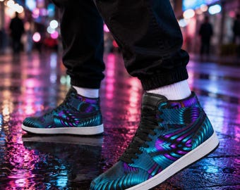 Xenoform Unisex High Top Sneakers, Psychedelic Blue Purple Shoes, Futuristic Festival Footwear, Rave Streetwear, Visionary Art Trainers
