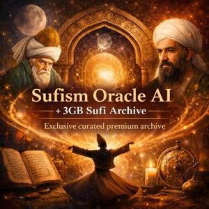 Può includere: Illustrazione digitale artistica con due uomini con turbanti e barbe, con il testo "Sufism Oracle AI + 3GB Sufi Archive". L'immagine ha una calda tavolozza di colori, un derviscio rotante e un libro aperto.