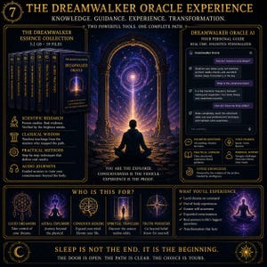 May include: A graphic promoting "The Dreamwalker Oracle Experience" with text and illustrations. It features a person meditating, a collection of books, and information about lucid dreaming, astral exploration, and spiritual journeys.