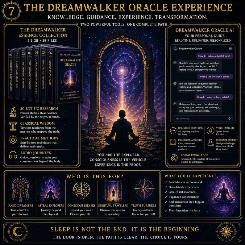 May include: A graphic promoting "The Dreamwalker Oracle Experience" with text and illustrations. It features a person meditating, a collection of books, and information about lucid dreaming, astral exploration, and spiritual journeys.