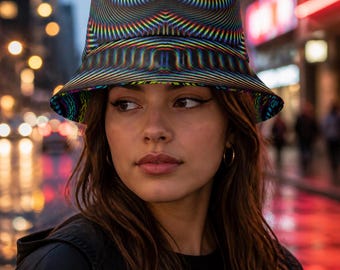 Waveform Primordial Reversible Bucket Hat, Double-Sided Neon Psychedelic Sun Hat, Unisex Festival Hat