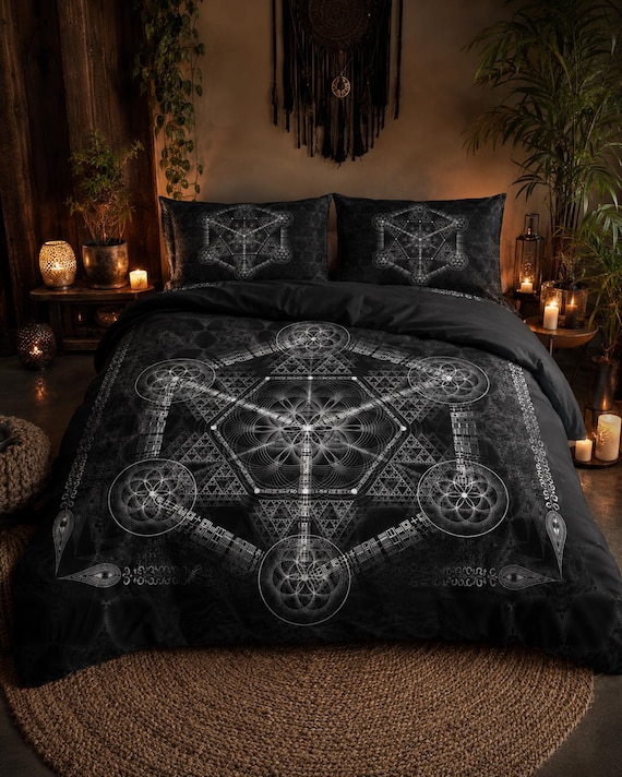 Höhere Ordnung Bettwäsche-Set, Heilige Geometrie Bettbezug, Schwarz Weiß Okkulte Bettwäsche, Metatron Würfel Schlafzimmer Dekor, Mystisches Bett-Set
