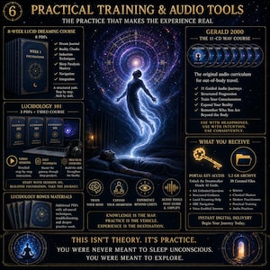 May include: An informational graphic with the title "Practical Training & Audio Tools." It features a person floating in a cosmic energy field, alongside course materials, including PDFs, audio courses, and bonus materials. The graphic promotes lucid dreaming and out-of-body travel.
