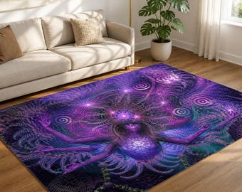 Luminous Presence Area Rug, Violet Visionary Goddess Meditation Rug, Purple Sacred Geometry Yoga Room Rug, Mystical Living Room Rug