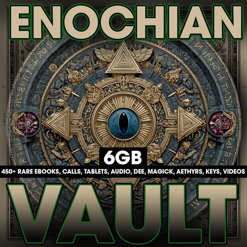 May include: An image with the word "ENOCHIAN" at the top and "VAULT" at the bottom. The center features a detailed, circular design with a blue eye at the center, surrounded by gold and teal accents. The text "6GB" is also present.