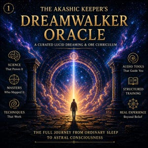 May include: A digital art image for "The Akashic Keeper's Dreamwalker Oracle." The image features a person standing before a glowing portal, with text including "A Curated Lucid Dreaming & OBE Curriculum." The background is a starry night sky with pillars and symbols.