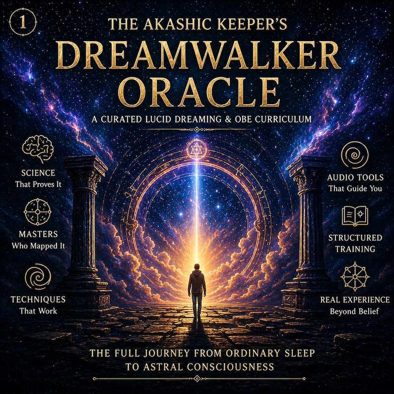 May include: A digital art image for "The Akashic Keeper's Dreamwalker Oracle." The image features a person standing before a glowing portal, with text including "A Curated Lucid Dreaming & OBE Curriculum." The background is a starry night sky with pillars and symbols.