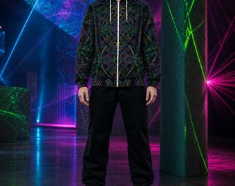May include: A black zip-up hoodie featuring a vibrant, multicoloured geometric pattern with neon lines, a white front zip, and a white hood lining, paired with solid black trousers and black shoes, creating a high-contrast, detailed appearance.