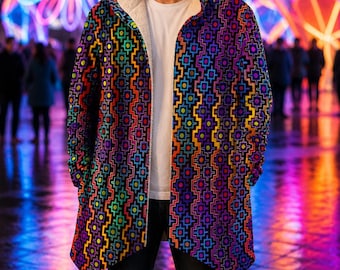 Rainbow Healing Micro Fleece Cloak, Psychedelic Hooded Festival Cloak, Rainbow Visionary Rave Wear, Cozy Wearable Art