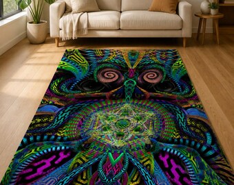 Primordial Presence Area Rug, Neon Mandala Shamanic Rug, Black Visionary Geometry Rug, Eye Mandala Meditation Room Rug